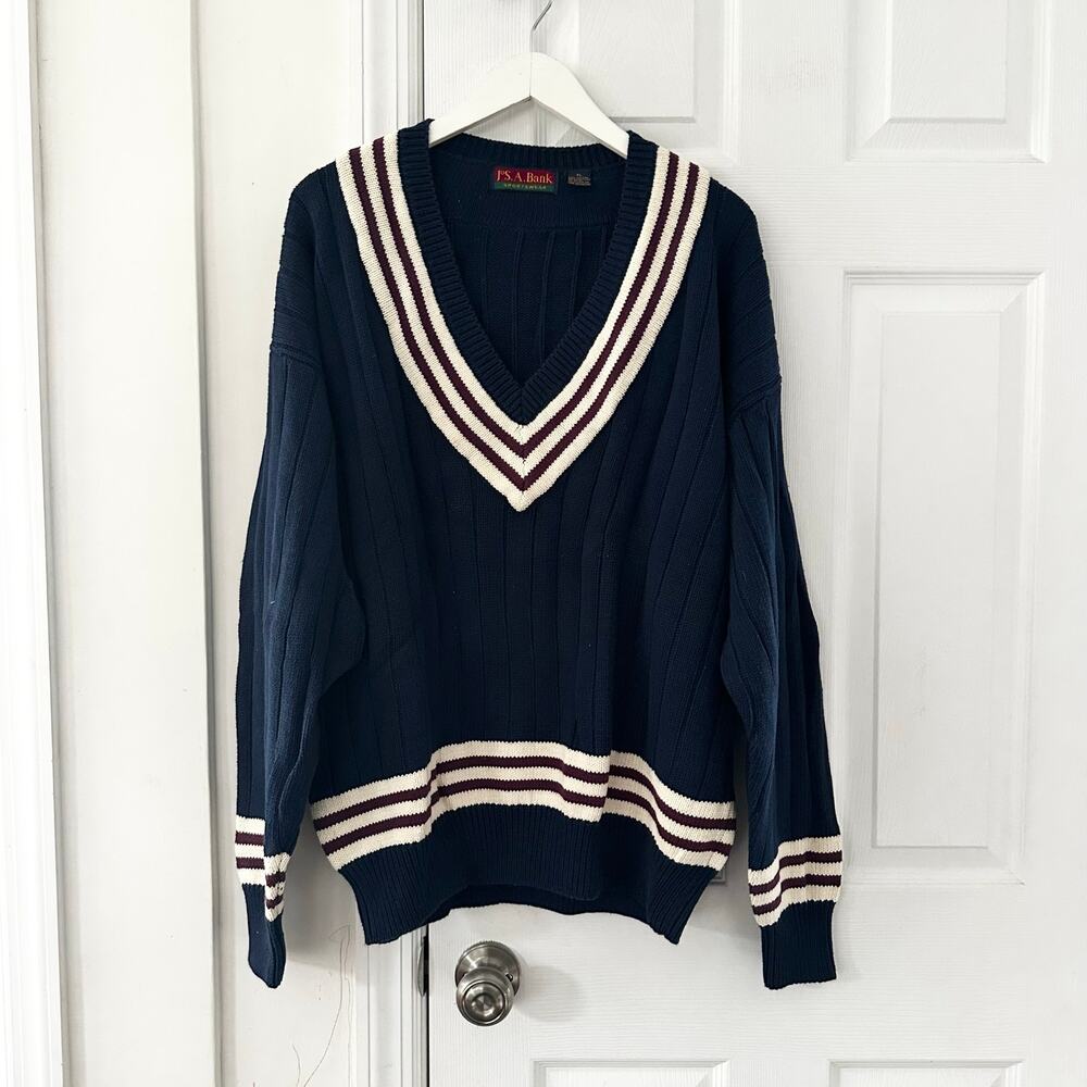 Jos A Bank Vintage Navy Blue V Neck Tennis Varsity Sweater White Red Stripe XL